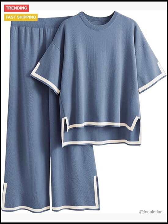 Pants - Short Sleeve Knit Pullover Top Wide Leg Pants Lounge Set